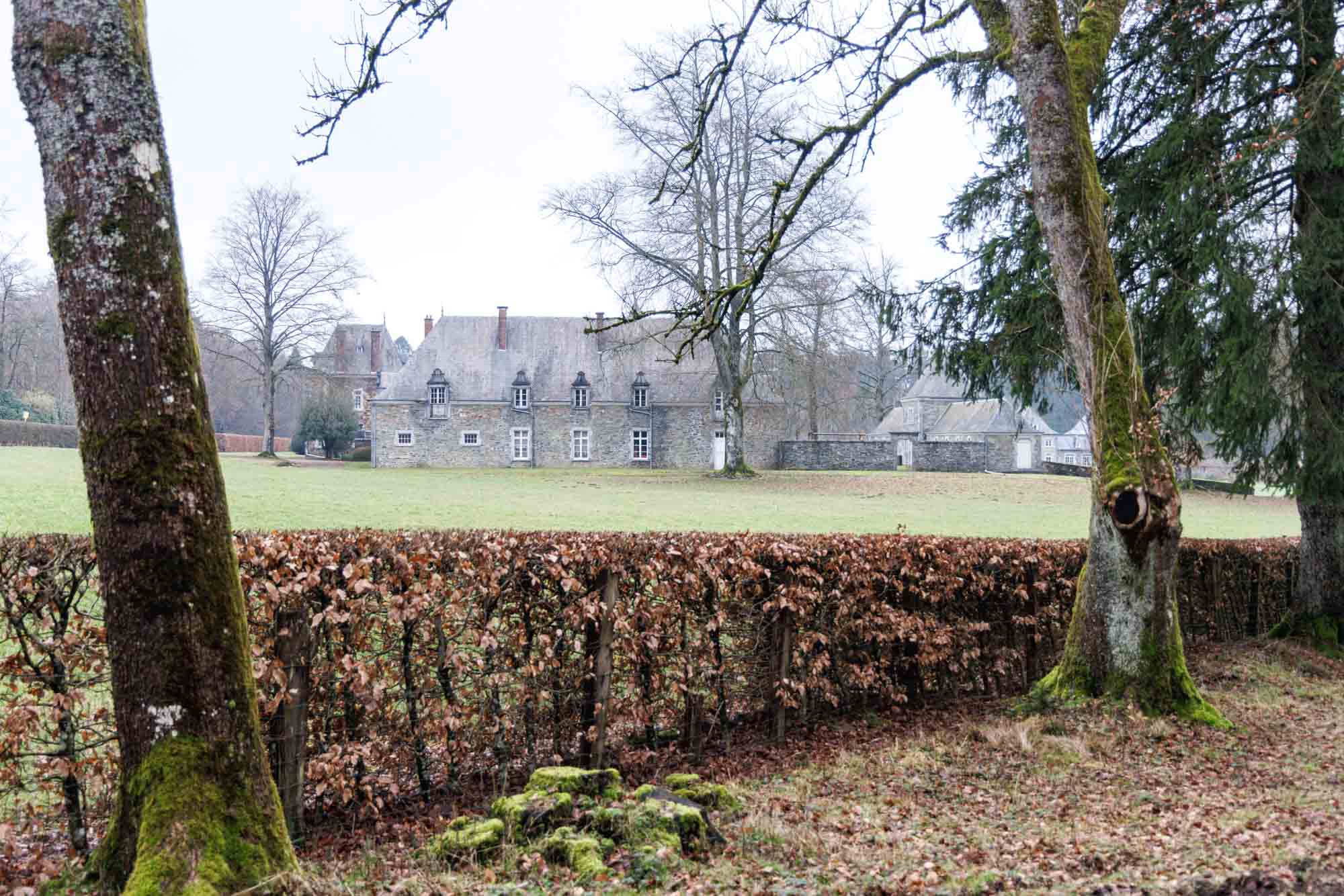 Château de Roumont vu derrière une haie et des arbres en hiver