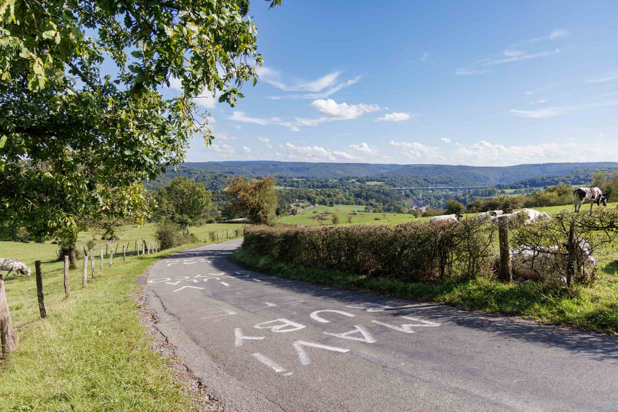 La Redoute avec route sinueuse entre prairies et vue dégagée sur la vallée