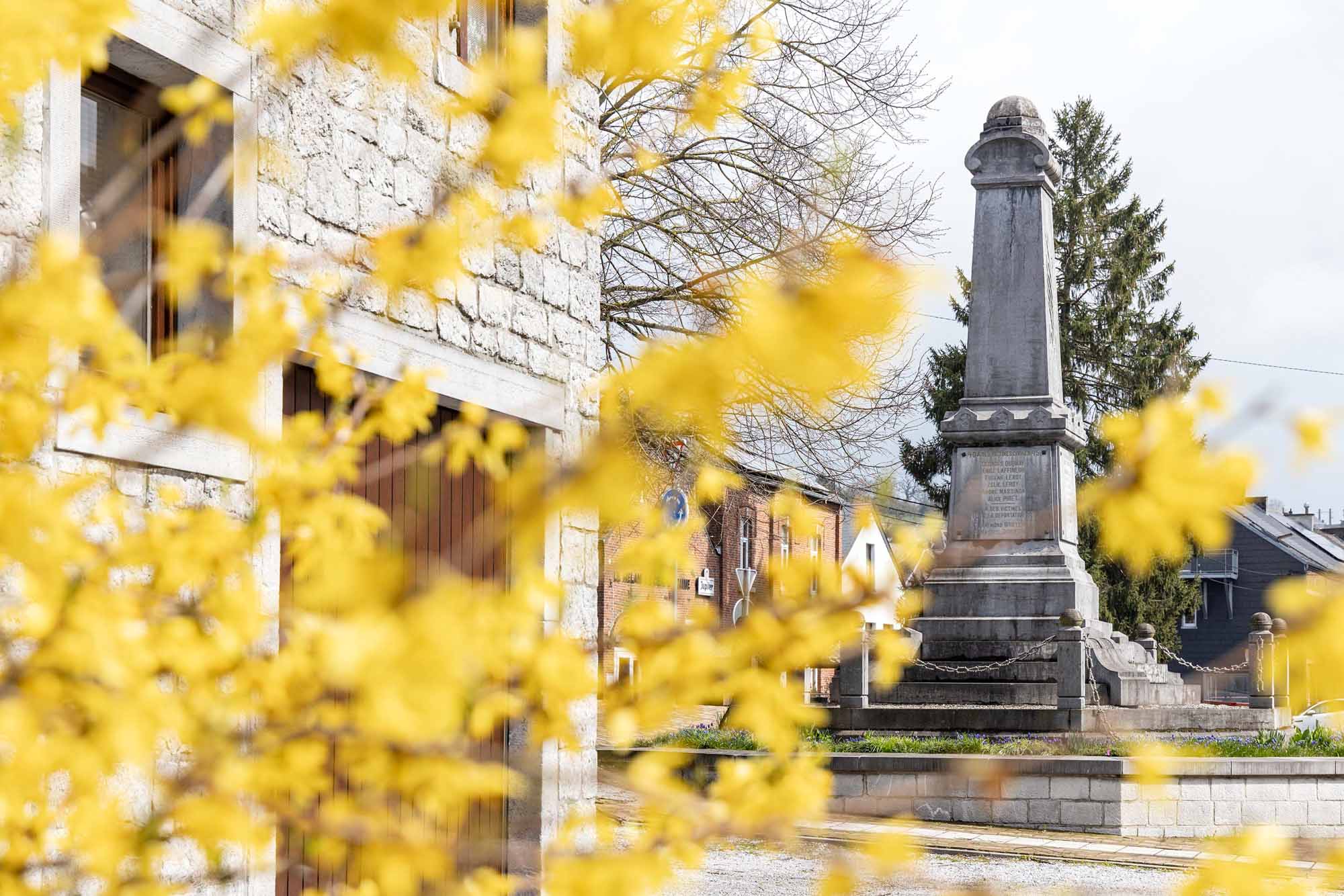 Monument commémoratif de Cerfontaine vu à travers un feuillage jaune, sur une place de village.